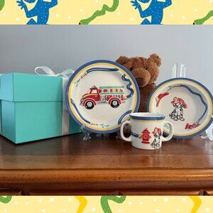 3 Piece Tiffany Baby Dish Set- EUC- Fire Station Blue Collection/ w Tiffany Box